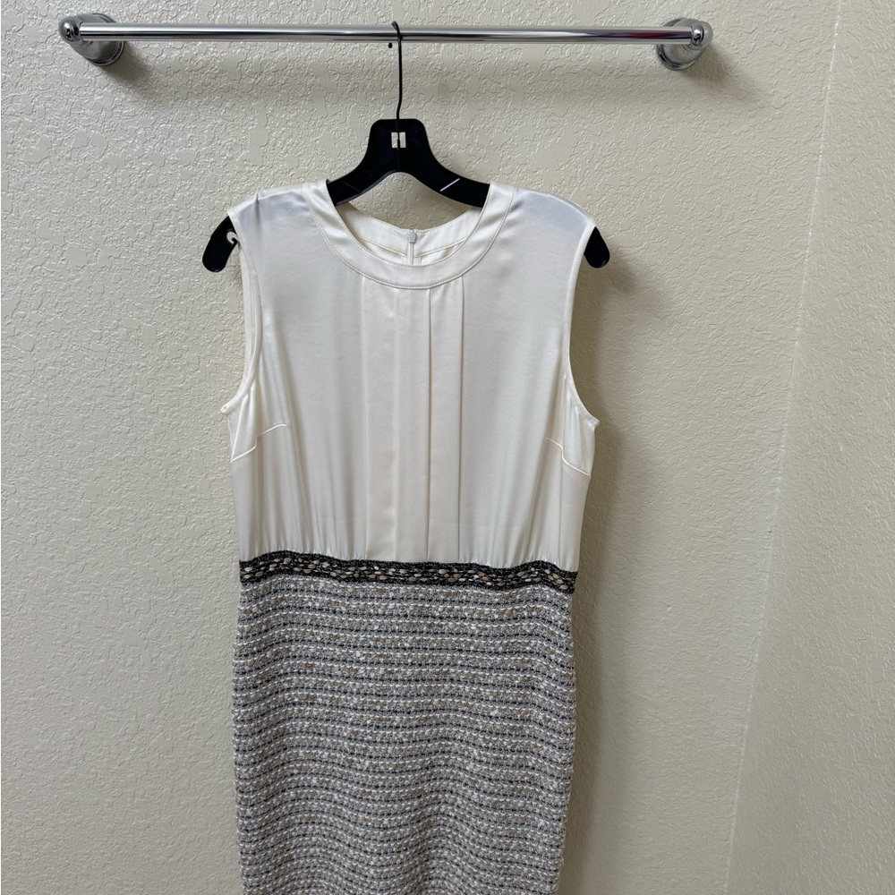 St. John White and Gray Sleeveless Midi Dress
